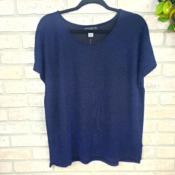 SIMPY STYLED Metallic Short Sleeve Blouse Blue Size L - Picture 10 of 10